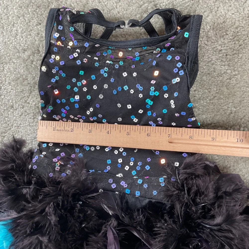 Weissman Dance Leotard Kids XSC Black Turquoise Sequin Feather Costume 13601